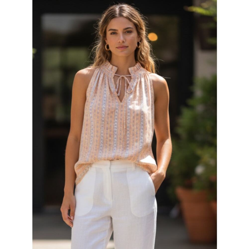 NwT Joie Leonie Silk Blend Sleeveless Blouse Boho Tie Neck Smocked Collar Top S